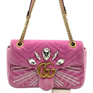 AUTH Gucci Pink Velvet Crystal GG Marmont Cossbody Shoulder Bag